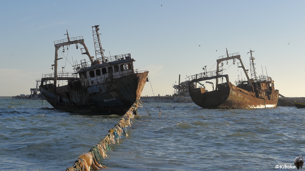 Das Bild zeigt zwei verrostete Fischtrawler in der Bucht. Der linke Fischtrawler ist mit einer Leine an den Strand gekettet. An der Leine haben sich dicht an dicht Plastiktüten verfangen.