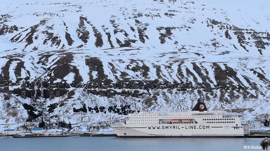 Vor einer schneebedeckten Felswand liegt an einem Kai eine große, weiße Fähre.