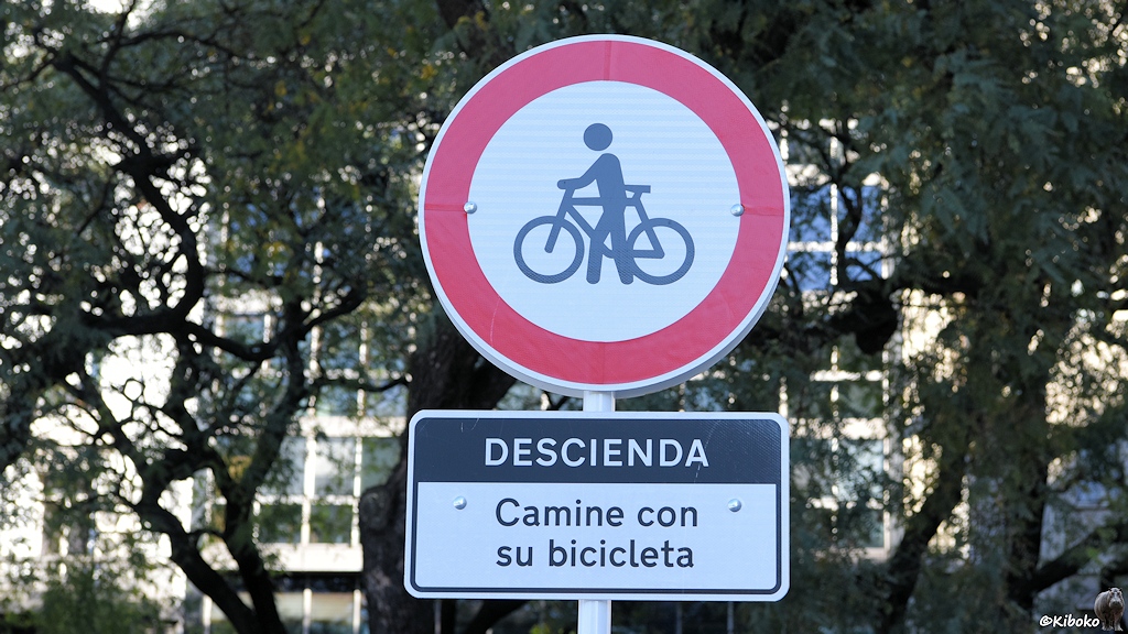 Das Bild zeigt ein rundes Schild mit rotem Rand. Darauf ist eine schwarze Figur, die in Fahrrad schiebt, auf weißem Grund. Darunter ist ein rechteckiges Zusatzschild mit dem Text: Descienda - Camine con su bicicletta.