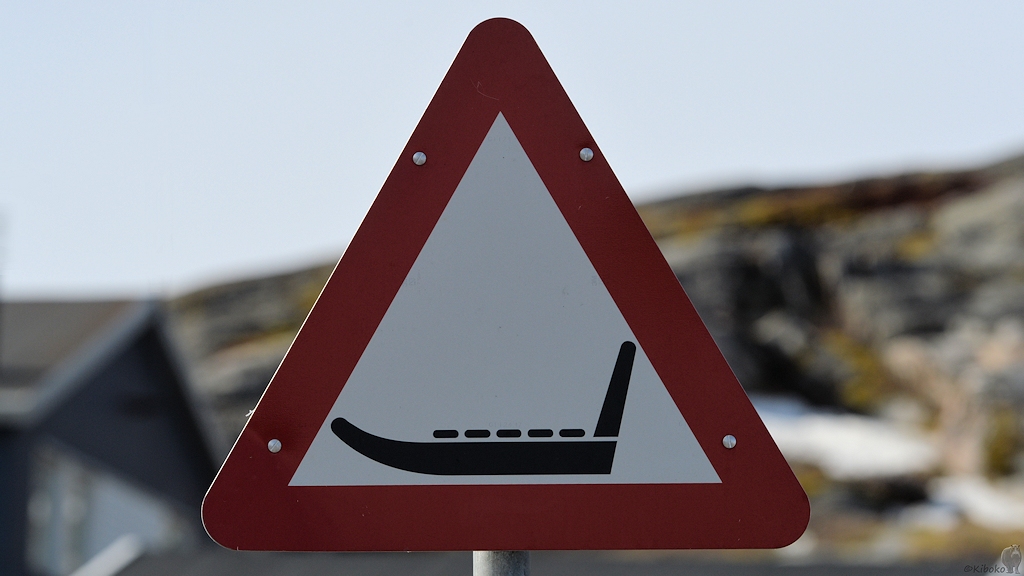 Das Bild zeigt ein dreieckgies Schild mit der Spitze nach oben und rotem Rand. Darauf ist ein schwarzer Hundeschlitten ohne Hunde auf weißem Grund.