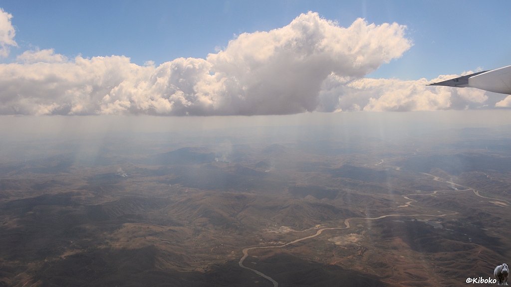 Blick auf Wolken mit darunterliegender braun-grüner Landschaft und einen windenden Fluss