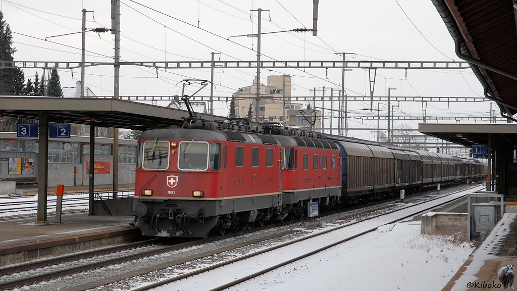 Das Bild zeigt zwei rote Elektrolokomoitven mit einem Zug aus Schiebewandwagen bei der Durchfahrt durch einen Bahnhof.