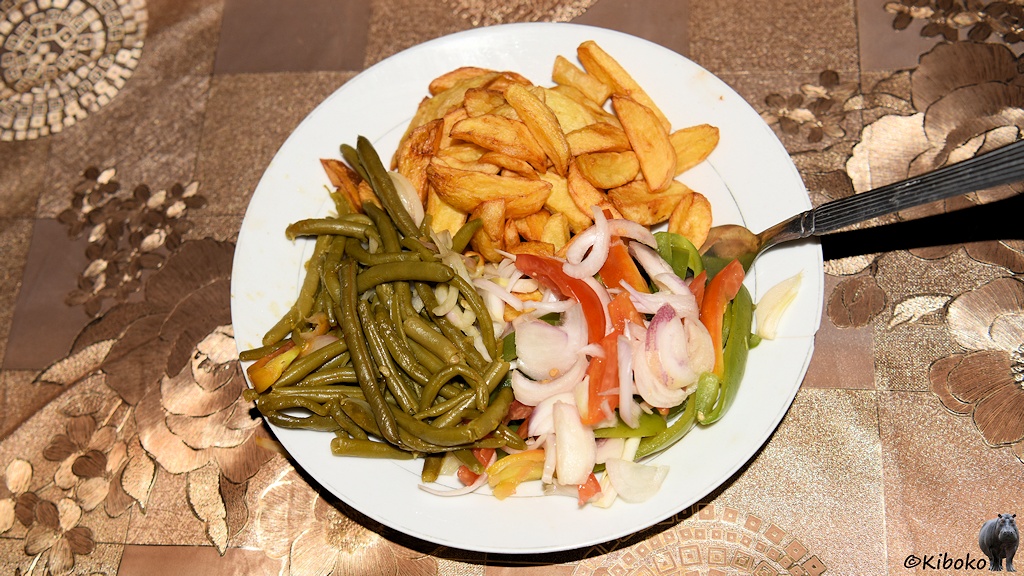 Das Bild zeigt das Abendessen mit einem Teller mit grünen Bohnen, frittierten Kartoffelspalten und einen Haufen aus Zwiebeln und Paprikastreifen. Der Teller steht auf einer braunen Decke mit Blumenmuster.