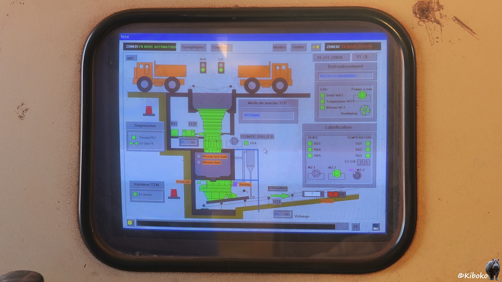 Monitor im Leitstand mit einem Schnittbild er Entladeanlage und dem Erzbrecher.