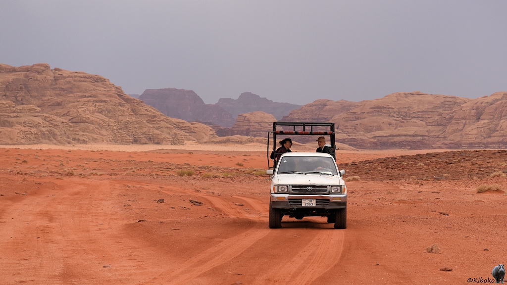Weißer Geländewagen in orangeroter Wüste