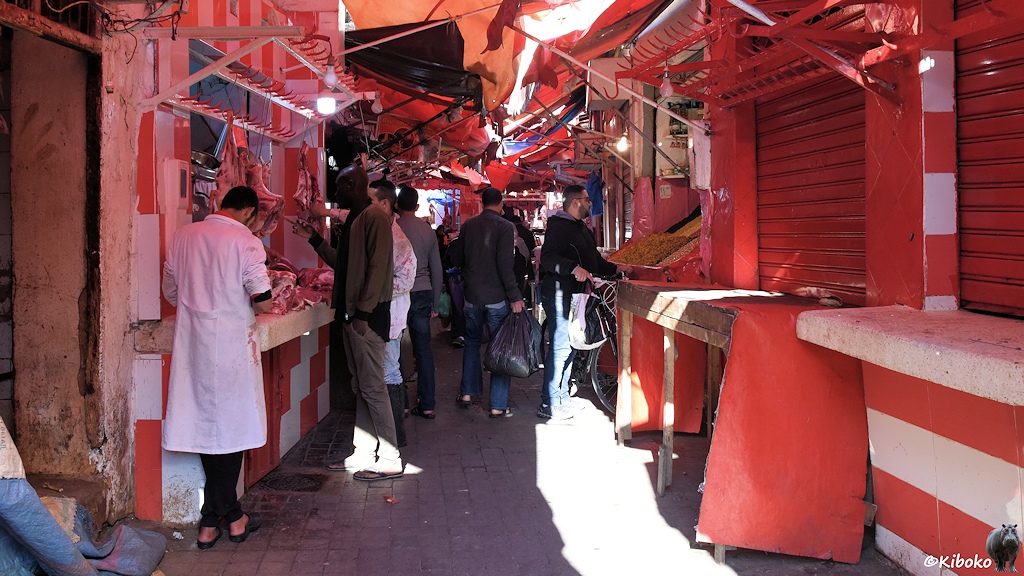 Das Bild zeigt eine enge Gasse mit Geschäften auf beiden Seiten. Die Wände sind mit roten und weißen Fliesen beklebt. Die aufgestellten Markiesen tauchen die Gasse in ein rötliches Licht. Viele Männer drängen sich durch die Gassen.