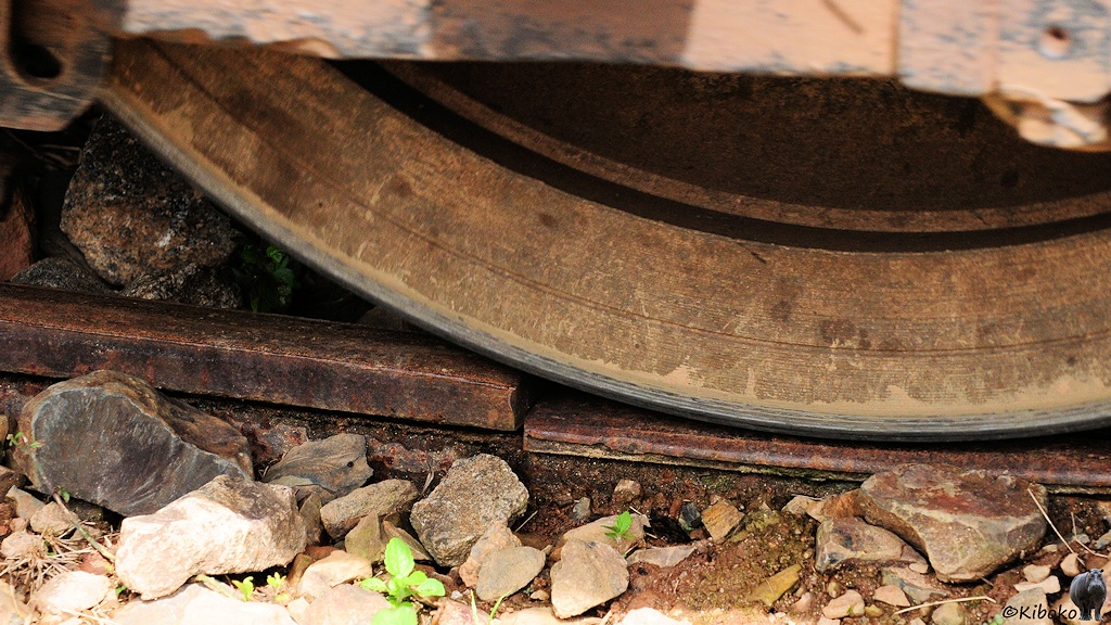 Das Bild zeigt den Ausschnitt eines Rades auf einer Schiene. Die Nachbarschiene ist mehrere Centimeter höher.