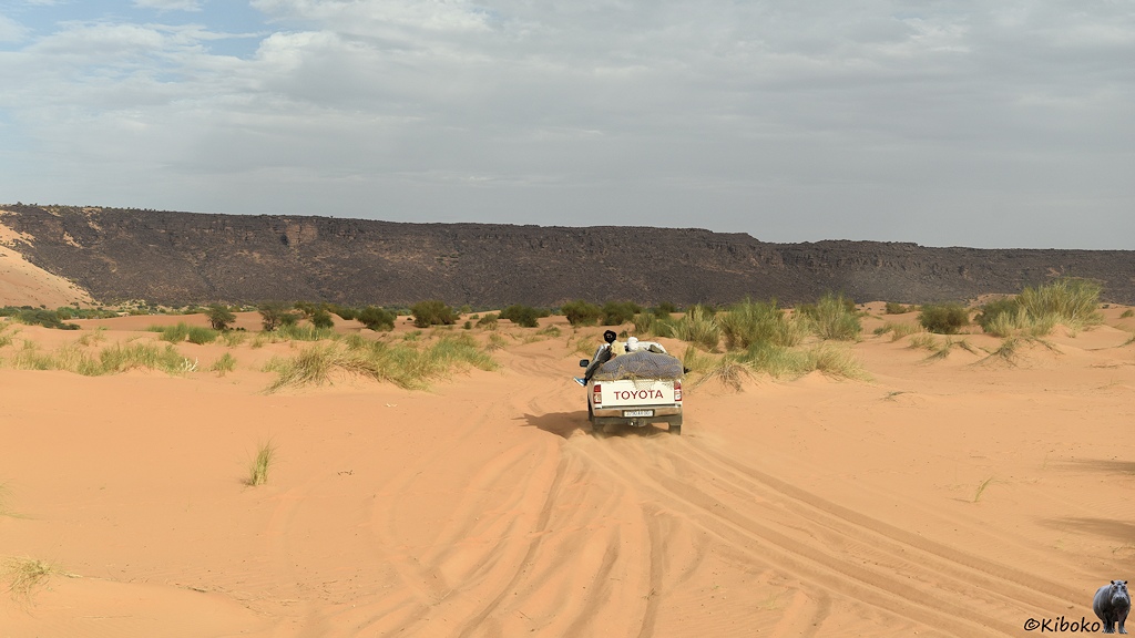 Das Bild zeigt einen vorausfahrenden weißen Geländewagen der gerade eine Querrinne mit tiefen Sand durchquert hat. Vor dem Wagen ist eine Landschaft aus Sandhügeln auf dem Grasbüschel und Büsche stehen. Eine Spur führt gerade durch. Im Hintergrund ist eine Felswand aus dunklem Gestein.