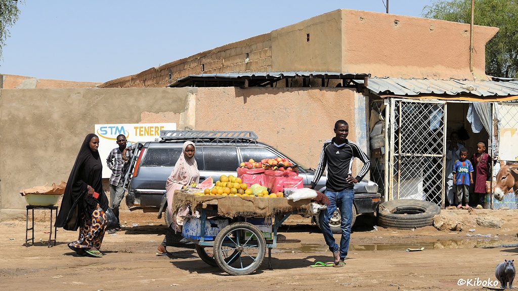 Das Bild zeigt einen Handwagen am Straßenrand. Darauf sind Orangen und Äpfel. Der Verkäufer steht daneben und hat eine Hand lässig in die Hüfte gestützt. Dahinter laufen zwei veschleierte Frauen. Im Hintergrund ist ein Geschäft mit offener Gittertür aus der zwei Kinder schauen.