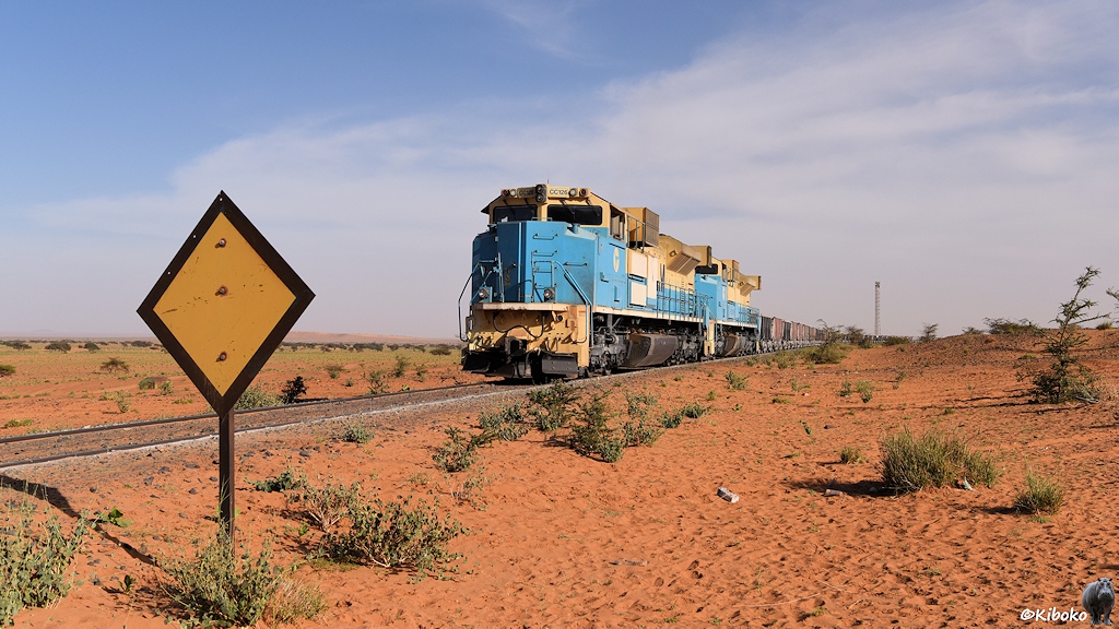 Zwei hellblaue Dieselloks schieben die Wagen durch eine orangefarbene Wüste, die mit ein paar spärlichen Büschen und Bäumen dekoriert ist.