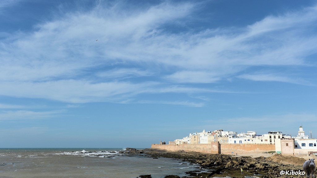 Das Bild zeigt unten rechts eine Stadt aus weißen Häusern hinter einen hellbraunen Stadtmauer am Meer. Unten links ist das Meer. Die Wellen brechen sich an einer Barriere aus dunklen Felsen. Darüber ist ein blauer Himmel mit einer dünnen Bewölkung.