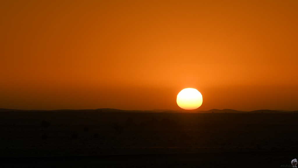 Das Bild zeigt die untergehende Sonne über einer Wüstenebene. Am Horizont sind ein paar Hügel. Der Himmel ist orange gefärbt .