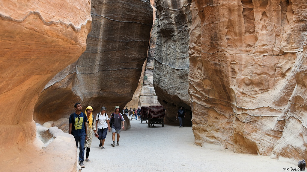 Menschen und Kutschen in einer engen Schlucht