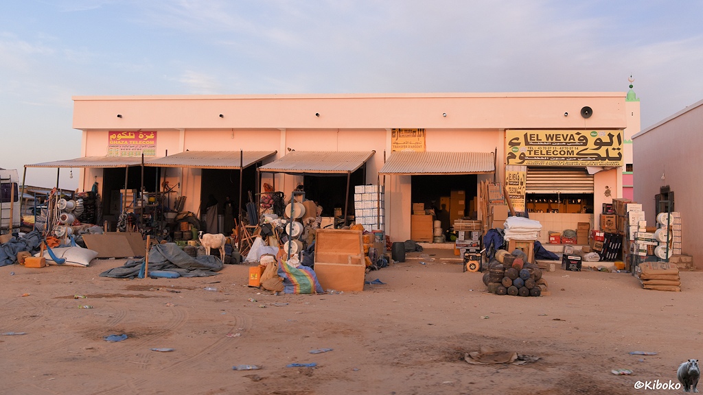 Das Bild zeigt ein beigefarbenes Geschäftshaus mit fünf garagengroßen Läden. Vor den offenen Toren stehen Vordächer. Vor den Geschäften stapeln sich Kisten, Planen, Kanister und Säcke. Eine schwarz-weiße Ziege steht dazwischen.