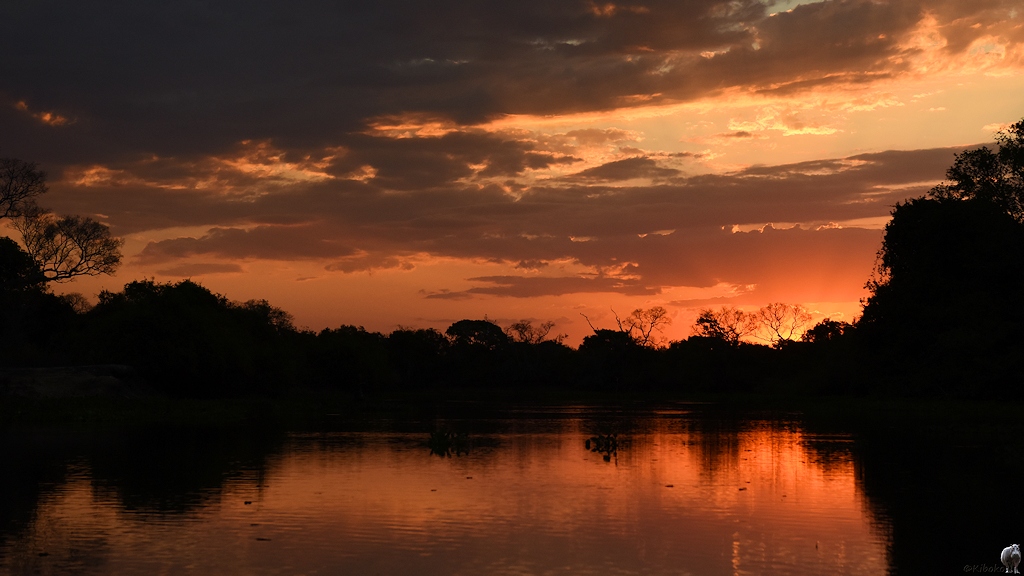 Der Himmel leuchtet Orange über den Fluss