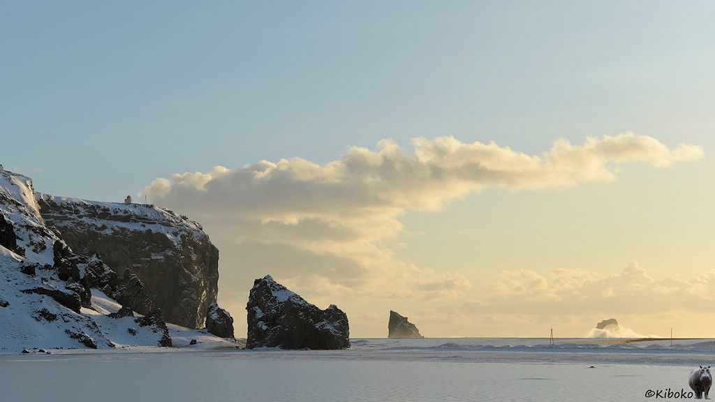 Das Bild zeigt ein Kap aus schwarzem Fels am linken Bildrand. Drei große Felsen stehen am oder im Meer. Im Vordergrund ist eine vereiste Lagune.