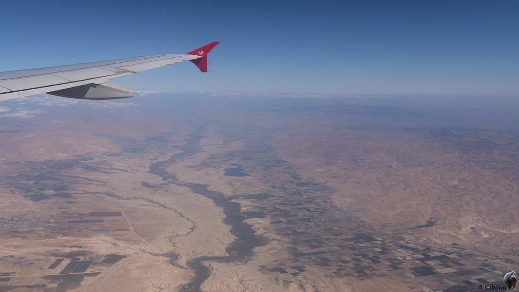 Blick aus dem Flieger auf das Jordantal. Der Jordan ist ein grünes Band in der Wüste