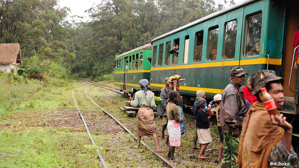 Das Bild zeigt mehrere Frauen und Kinder mit Banenkörben und einzelnen Plastikflaschen mit bräunlichem Inhalt am Zug aus grünen Wagen.