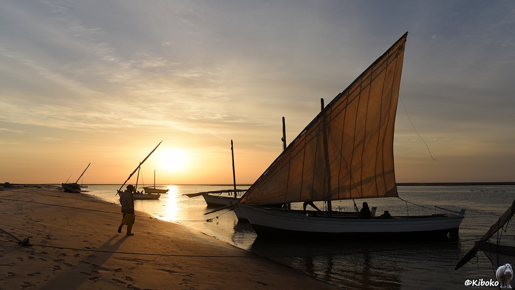 Das Bild zeigt 6 Fischerboote dichat am Strand ankern. Das erste Boot hat ein dreieckiges, beigefarbenes Segel gesetzt. Die Sonne ist schon ein gleißender Feuerball über dem Meer. Ein Mann läuft am Strand entlang.