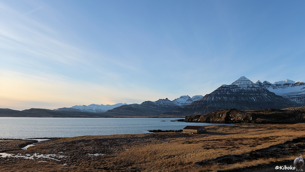 Landschaftsaufnahme mit einer Scheune am Meer. Im Hintergrund ist eine Bergkette mit schneebedeckten Gipfeln. Davor ist der Eingang zu einem Fjord.
