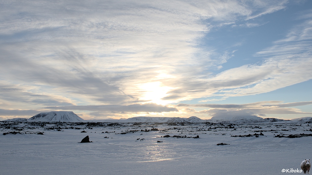 Gegenlichtaufnahme einer tiefstehenden Sonne auf einer schneebedeckten Ebene. Am Horizont ist eine Gebirgskette. Die Sonne steht mittags nur knapp über den Bergen.