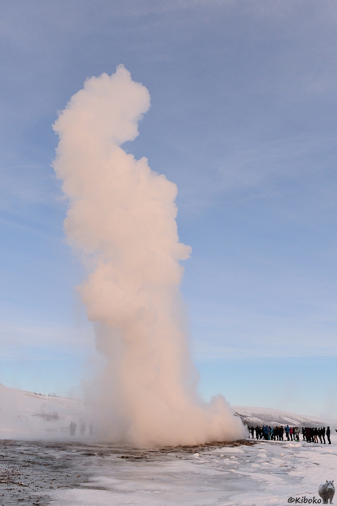 Das Bild zeigt eine sehr schöne und hohe Wasserfontäne eines Geysirs im Sonnenlicht im Hochformat. Zahlreiche Touristen stehen um den Geysir.