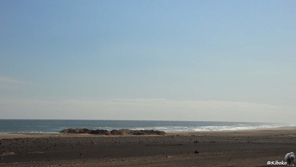 Dunkle Ebene mit schwarzen Steinen vor beigefarbenen Strand und dem blaugrünen Meer.