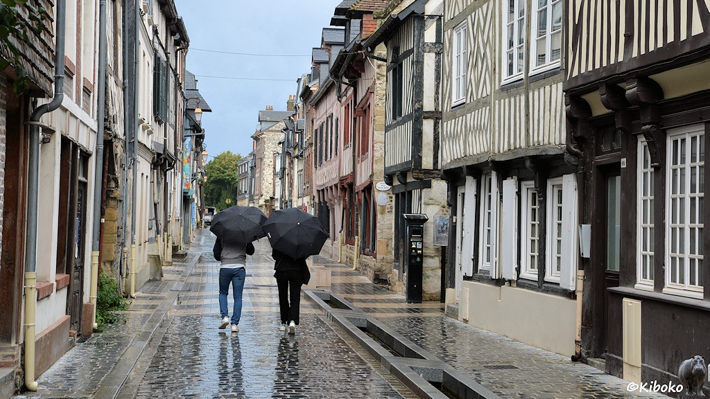 Das Bild zeigt eine nasse Kopfsteinpflastergasse in einem Ort aus zweistöckigen Fachwerkhäusern. In der Gasse laufen zwei Menschen mit schwarzen Regenschirmen. Der Himmel ist dunkelgrau.
