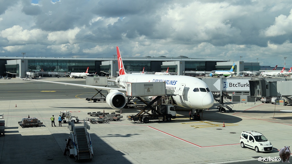 Das Bild zeigt weißes Flugzeug mit rotem Leitwerk an der Gangway auf einem Flughafen. Auf der gegenüberliegenden Seite wird die Maschine mit einem Hubcontainer beladen.