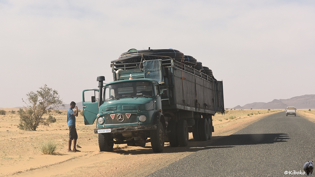 Das Bild zeigt schnurgerade Teerstraße. Am linken Seitenstreifen steht ein dunkelgrüner Sattelschlepper mit Rundhaube. Schwarze Schläuche liegen auf der Ladefläche. Die Beifahrertür ist offen und ein Mann steht davor.