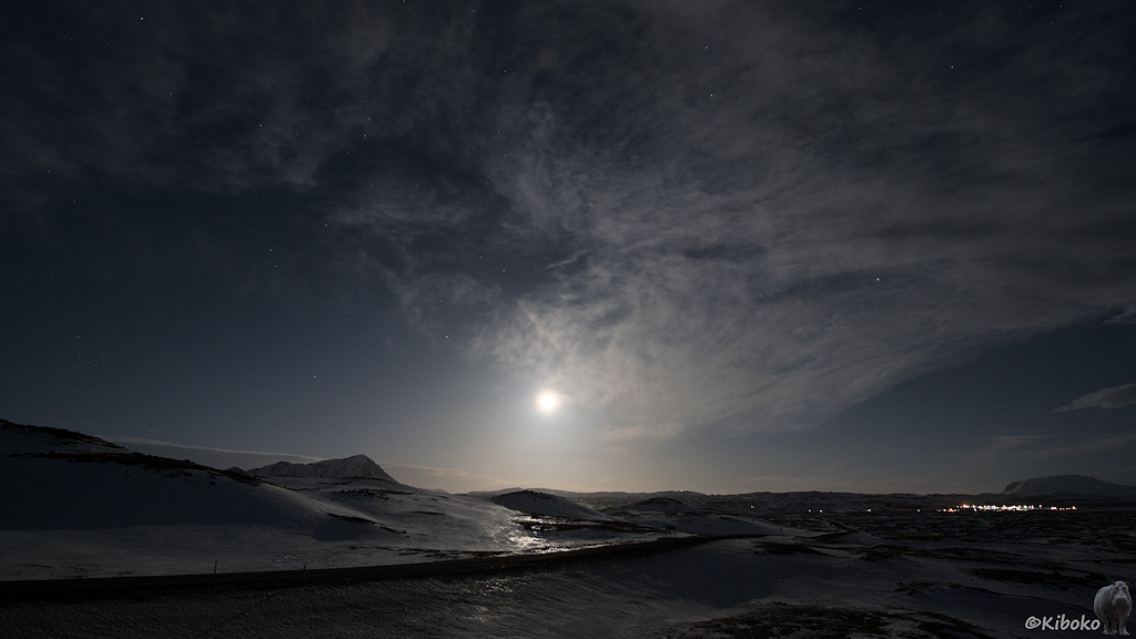 Der Mond ist über der nächtlichen Winterlandschaft aufgegangen.