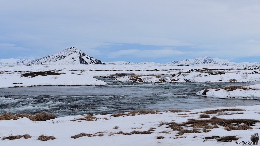 Ein Fluss windet sich durch schneebedeckte Wiesen. Im Hintergrund sind schneebedeckte Berge.