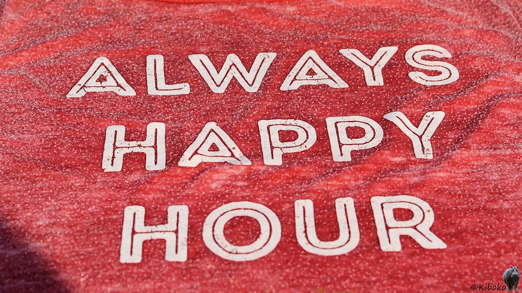 Das Bild zeigt den Ausschnitt eines rosaroten mit dem weißen Schriftzug: Always Happy Hour.