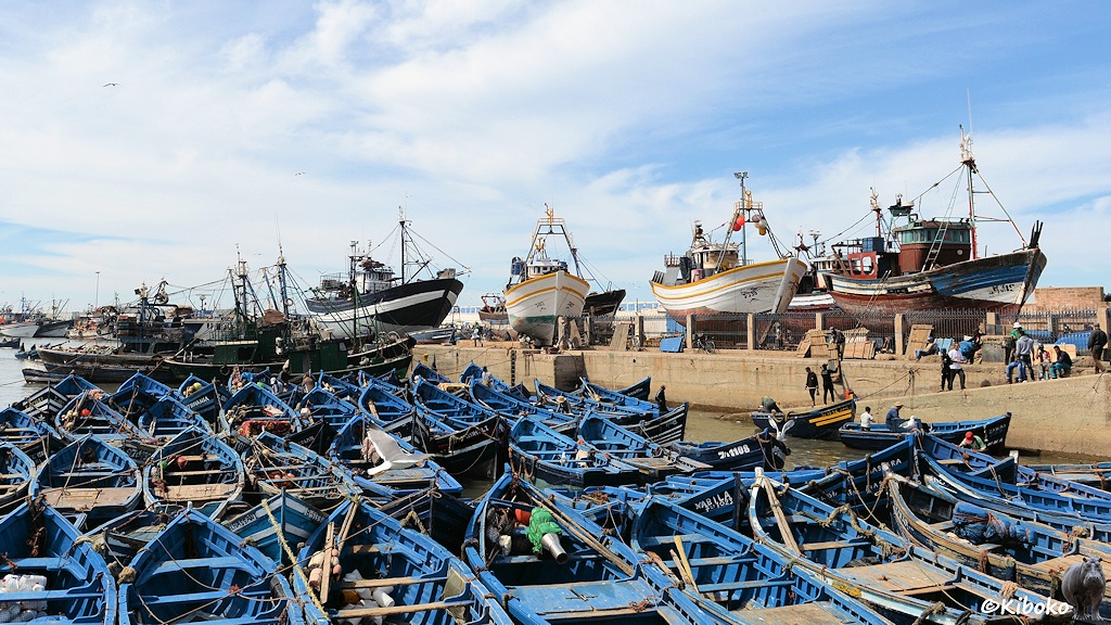 Das Bild zeigt ein größeres Hafenbecken. Im Vordergrund sind 7 Reihen kleiner blauer Holzboote. Dahinter ist eine Werft für größere Fischerboote. Sieben Fischerboote stehen aufgebockt in der Werft. Im Hintergrund liegen weitere größere Fischkutter im Hafen.