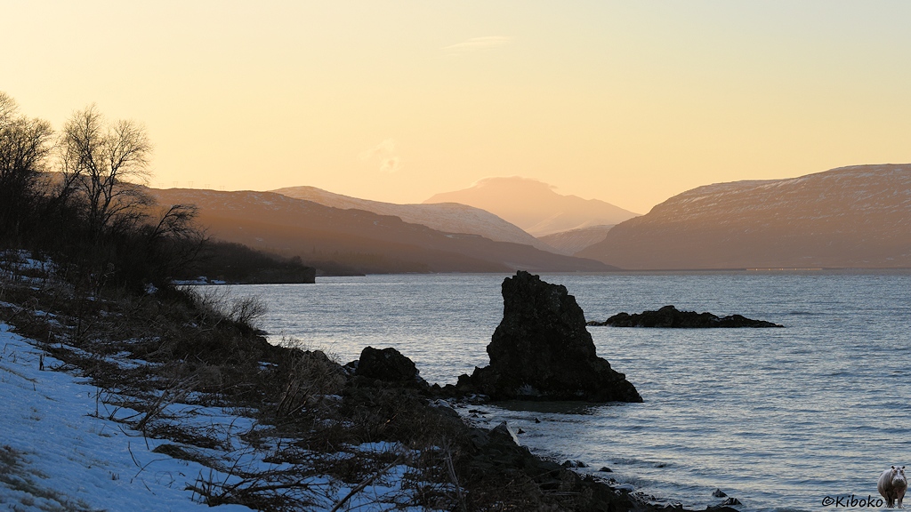 Blick auf einem großen See im Gegenlicht. Links ist das Ufer mit Büschen und Bäumen. Ein mächtiger dunkler Fels und eine flache Insel sind in Ufernähe. Im Hintergrund sind Berge im gelblichen Gegenlicht.