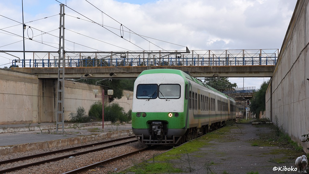 Das Bild einen weißen Elektrotriebwagen mit grünen Zierstreifen zwischen hohen Betonwänden. Über die Strecke führt eine Betonbrücke. Auf dem Bahnsteig sind Moos und heruntergefallene Steine.