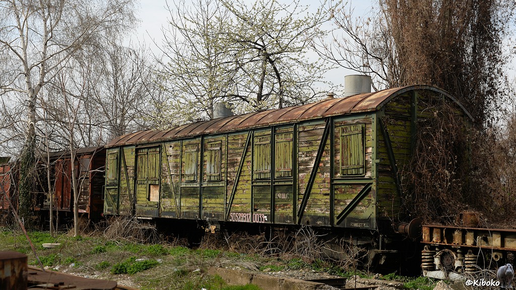 Das Bild zeigt vierachsigen grünen Güterwagen mit Blechdach. Der Güterwagen hat Fenster, die durch Fensterläden geschützt sind.