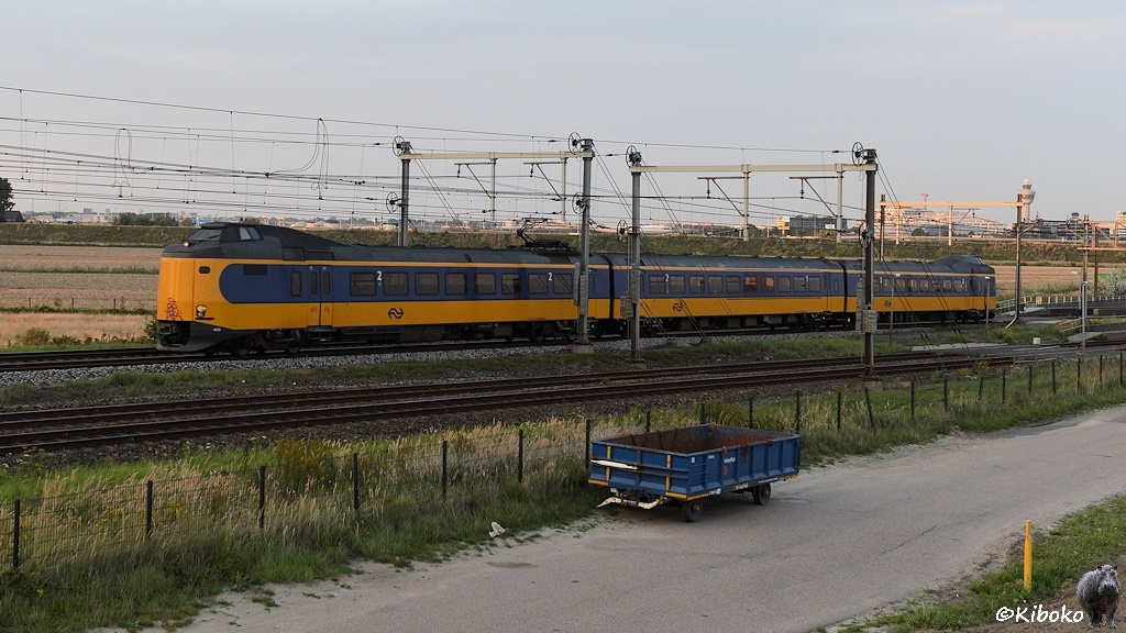 Das Bild zeigt einen dreiteiligen, gelben Triebwagen mit blauen Fensterband auf einer viergleisigen elektrifizierten Eisenbahnstrecke. Die Führerstände sind in einem Buckel über der Triebwagensptitze. Im Hintergrund ist der Tower vom Flughafen.