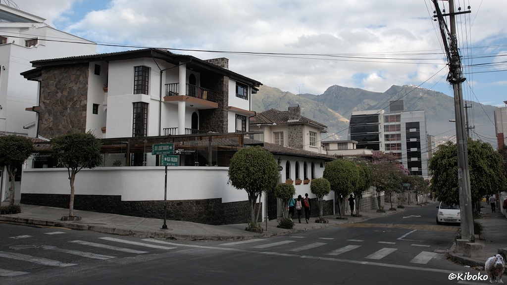 Das Bild zeigt ein dreistöckgies Gebäude mit Flachdach an einer Kreuzung. Kleine kugelförmige Gebäude säumen die Straße.