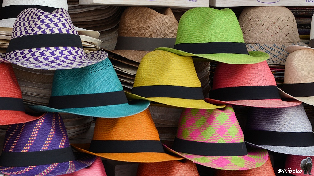 Das Bild zeigt einen Ausschnitt eines Verkaufsstandes mit Hüten. Die Hüte gibt es in hellgrün, hellblau, gelb, rosa, orange und mit bunten Mustern. Alle Hüte haben einen schwarzen Ring.