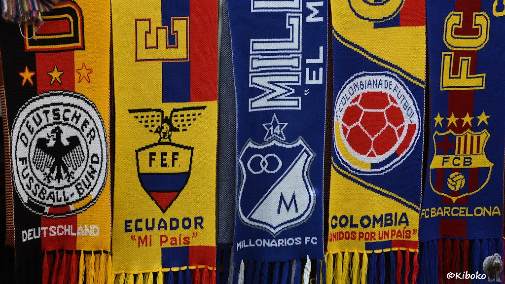 Das Bild zeigt fünf Enden von Fußballschals. Links ist der Deutsche Fussball Bund, dann folgt in gelb-blau-rot Ecuador, blau-weiß Millionarios FC, gelb-blau-rot Kolumbien und blau-rot-gelb Barcelona.