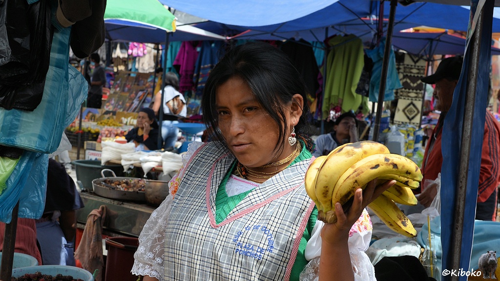 Das Bild zeigt zeigt eine junge Frau in einer graukarrierten Schürze. In der Hand hällt sie ein Bündel Bananen mit schwarzen Flecken hoch.