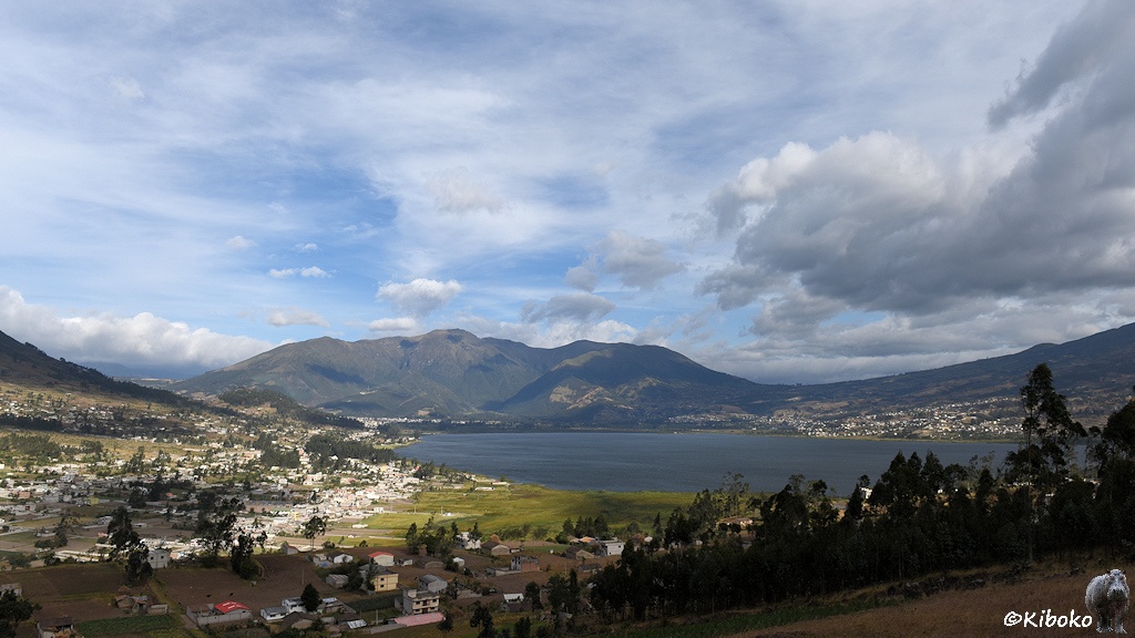Das Bild zeigt einen Blick in ein Tal mit einem großen See. Der See ist von Ortschaften umringt. Im Hintergrund ist ein Bergmassiv eines Vulkans.
