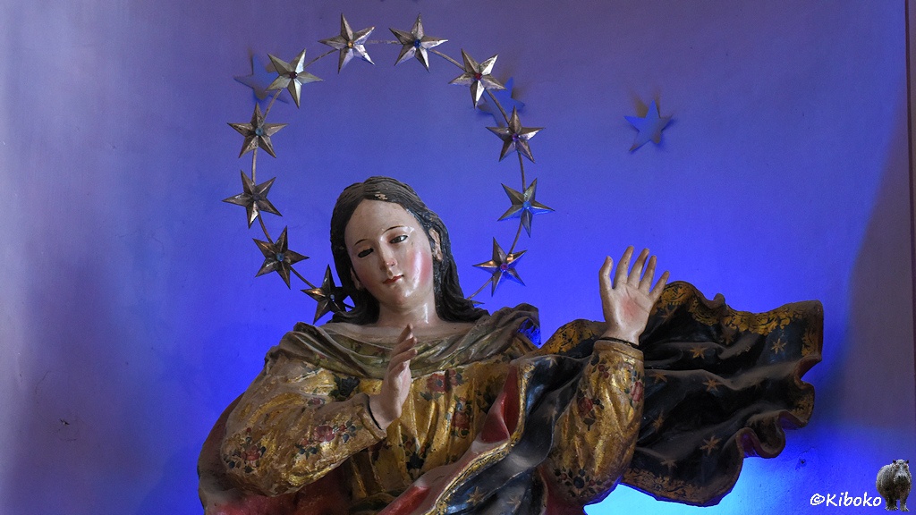 Das Bild zeigt das Porträt einer jungen Frau im goldenen Gewand. Der Hintergrund ist blau beleuchtet. Über den Kopf trägt die Frau einen Kranz mit 12 silbernen Sternen.