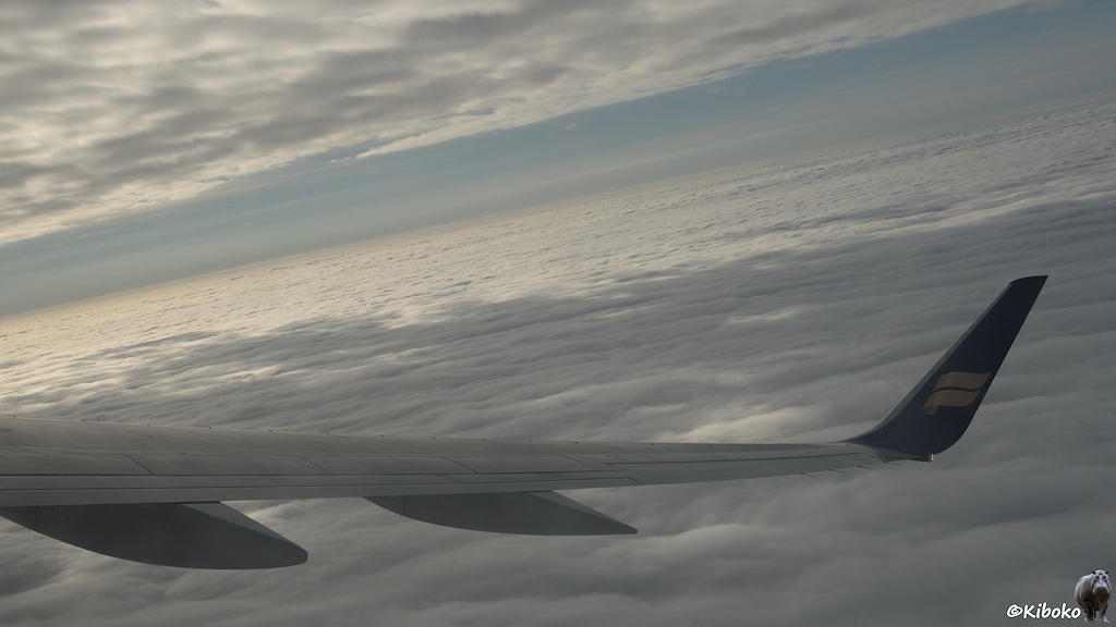 Ein Flugzeugflügel aus dem Flugzeugfenster gesehen. Das Flugzeug befindet sich in einer Kurve zwischen zwei Wolkenschichten. Die Wolkendecke steigt nach links an. Der Flügel fällt nach rechts ab.