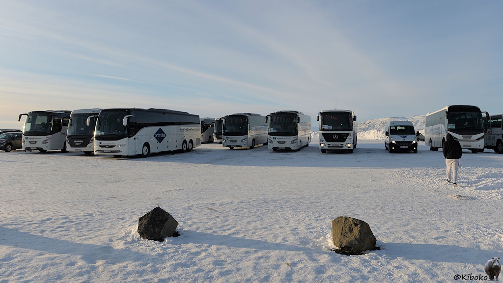 Das Bild zeigt einen verschneiten Parkplatz auf dem mehrere Reihen weißer Reisebusse stehen.