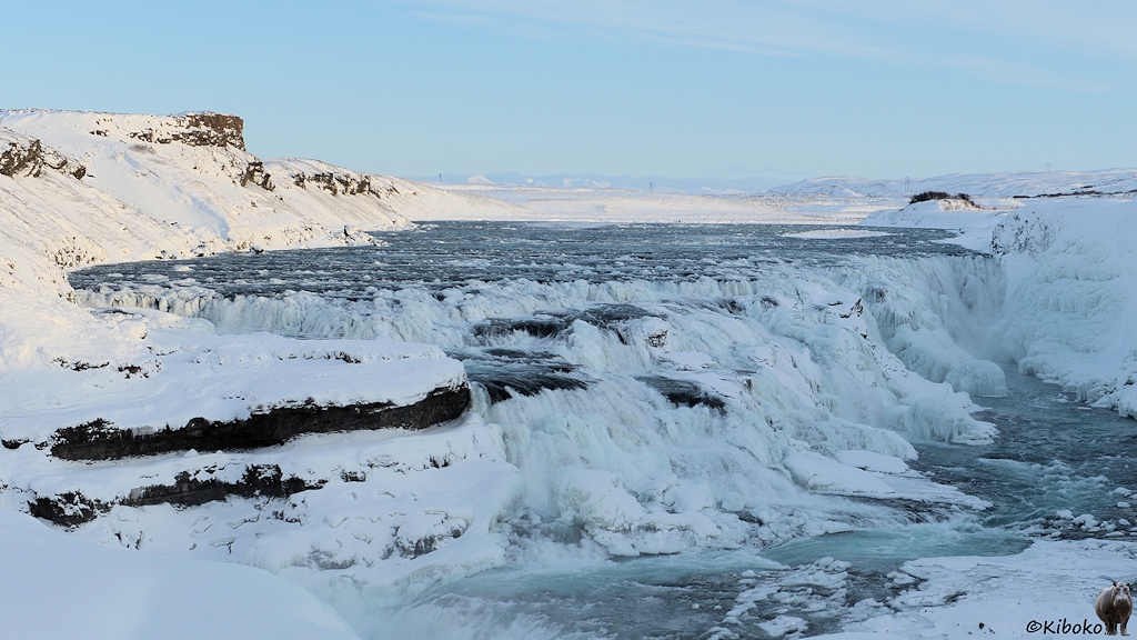 Das Bild zeigt die obere Stufe des Gullfoss spitz von vorne. Im Hintergrund sind die heranströmenden Wassermassen zu sehen. Am rechten und unteren Bildrand fließt das Wasser in hellblauer Farbe zur zweiten Stufe.