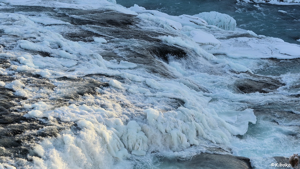 Das Bild zeigt eine Detailansicht der Stromschnellen der oberen Stufe. Gefrorene Wasserfälle und Eisplatten behindern das fließende Wasser.