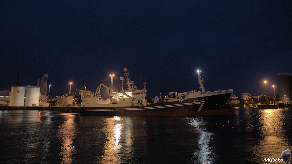 Ein großer blauer Fischtrawler mit weißen Aufbauten ankert im nächtlich beleuchteten Hafen. In der frühen Morgendämmerung hat der Himmel einen Blauschimmer.