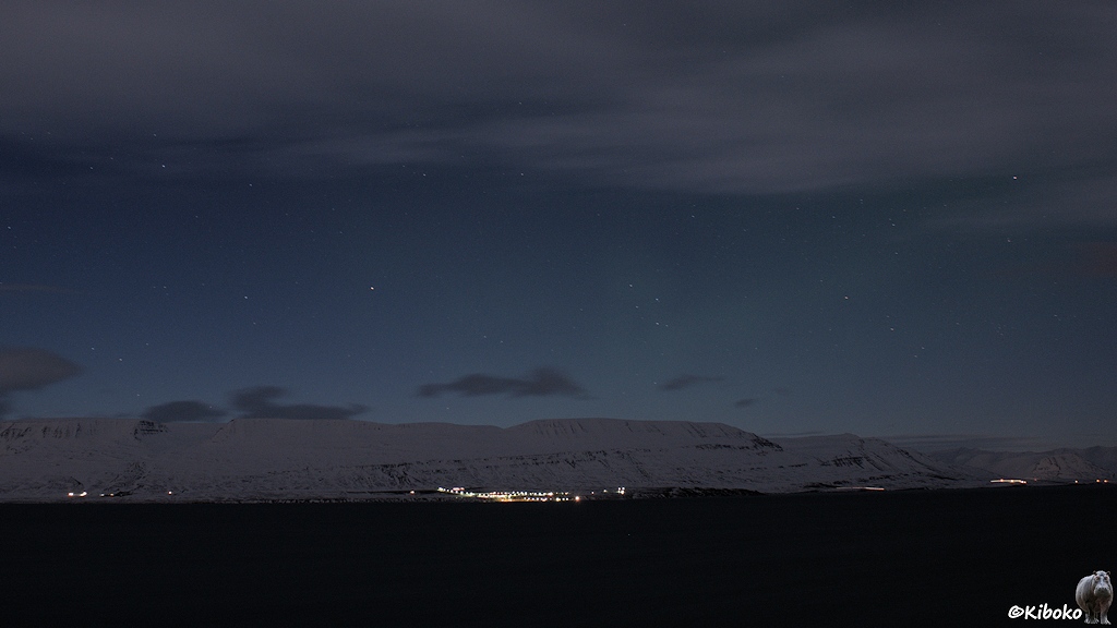 Blick über einen Fjord auf eine Ortschaft bei Nacht. Schneebedeckte Berge ragen hinter dem Fjord auf. Darüber ist ein Nachthimmel mit Sternen und vereinzelten Wolken. Am Nachthimmel sind grünliche Flecken und Streifen von einem ganz schwachen Polarlicht.